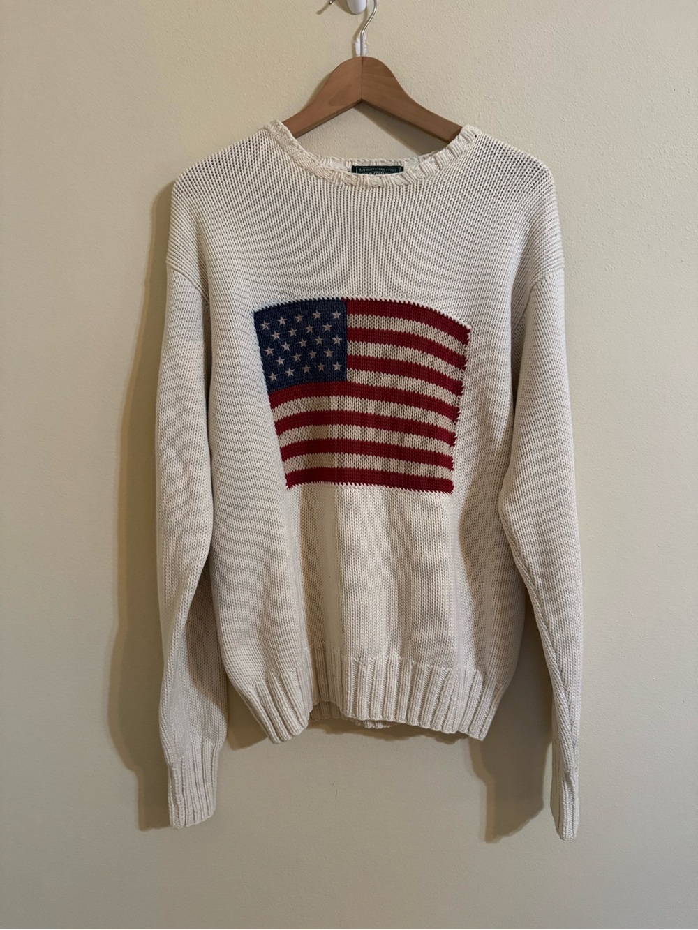 Polo Country Ralph Lauren American Flag Sweater USA Knit Crewneck Cream Small